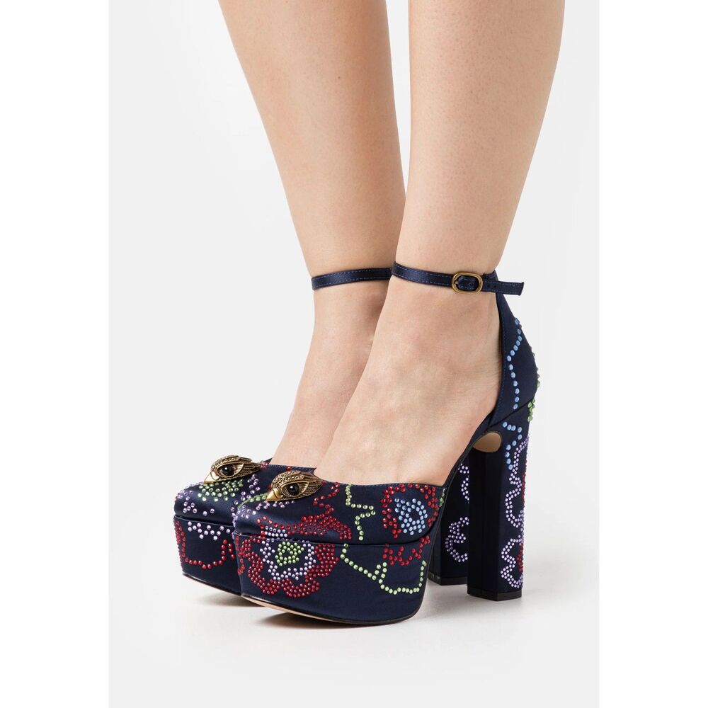 NWOB Kurt Geiger London Chelsea Crystal Floral Ankle Strap Navy Platform Pumps